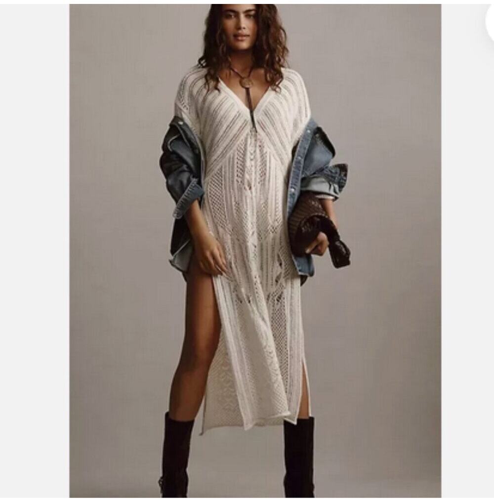 Anthropologie Open-Stitch Side-Slit Tunic Sweater Dress Duster Ivory M
